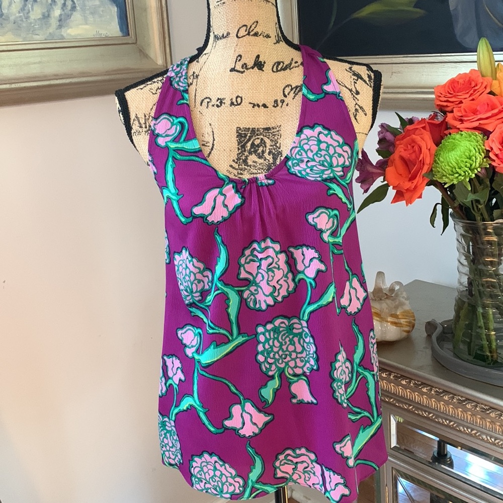 Lilly Pulitzer Ruffle Back fall purple green floral top S 4